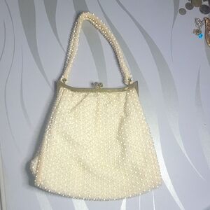 Vtg, Corde Bead By Lumered Folding Seed Bead 50's Clutch With Kiss Clasp